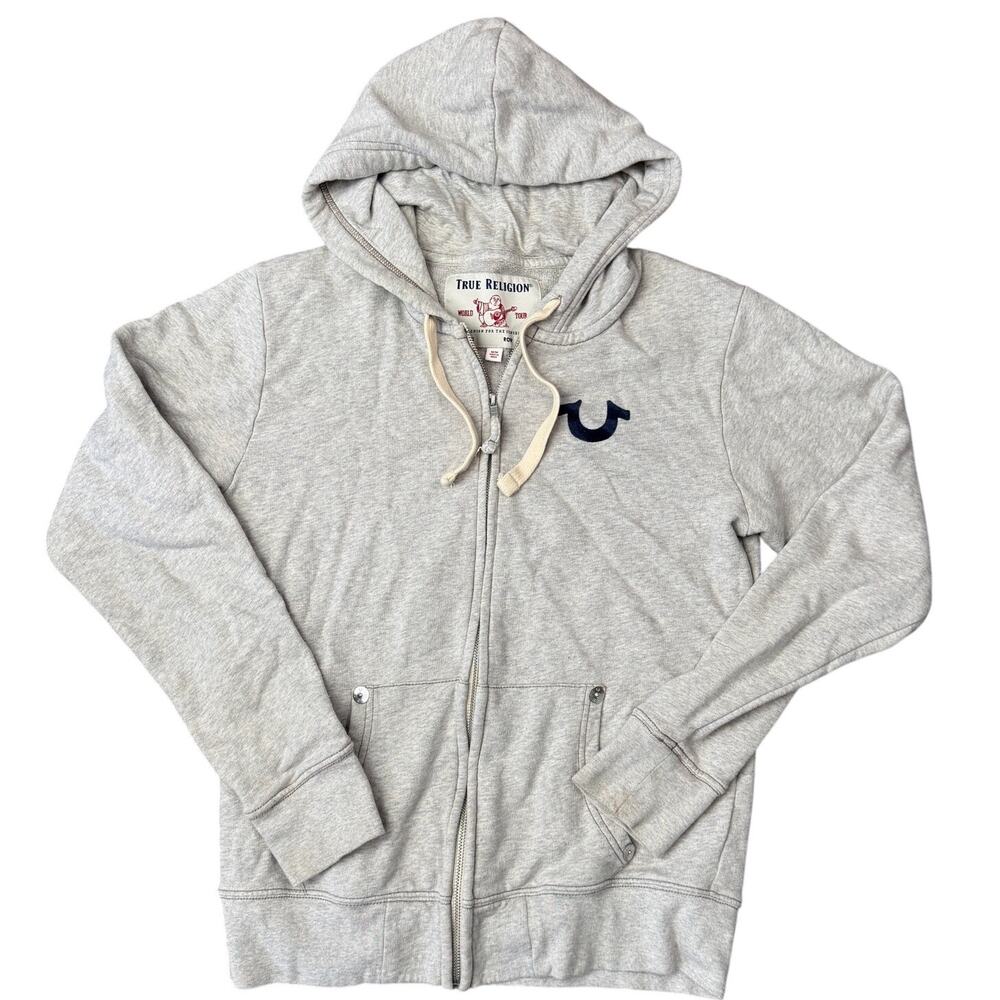 True Religion Heather Gray Mens M Full Zip Up Hoodie Sweater